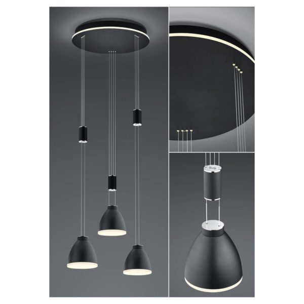 HELL Suspension LED Leni, à 3 lampes, ronde, noire HELL