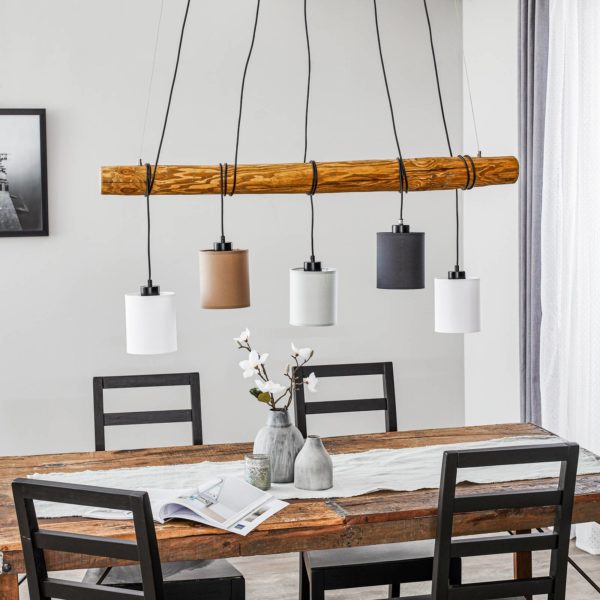 BRITOP Suspension Sachiko, barres bois, 5 abat-jour tissu BRITOP