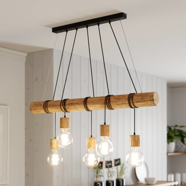 Envostar Terra Suspension, poutre en bois clair, 5 lampes Envostar