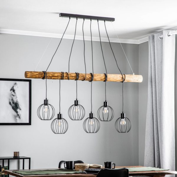 BRITOP Suspension Karou, à 6 lampes, pin, brune BRITOP