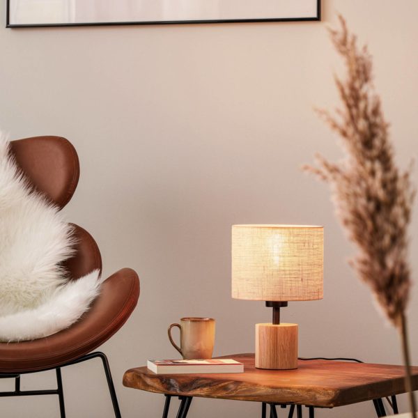 BRITOP Lampe à poser Tidas, chêne huilé, Ø 20 cm, crème BRITOP