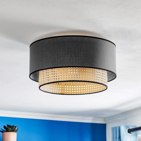 Duolla Plafonnier Boho, rotin, tissu, noir/beige Duolla