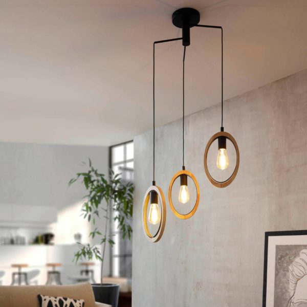 EGLO Suspension Basildon, détails bois à 3 lampes ronde EGLO