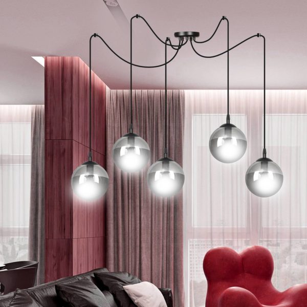 EMIBIG LIGHTING Suspension Glassy 5 lampes décentralisées, verre graphite EMIBIG LIGHTING