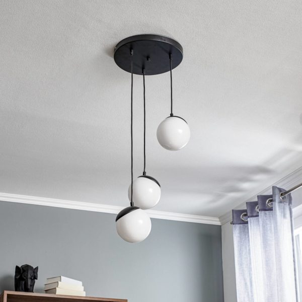 Eko-Light Suspension Sfera 3 lampes verre, métal noir Eko-Light