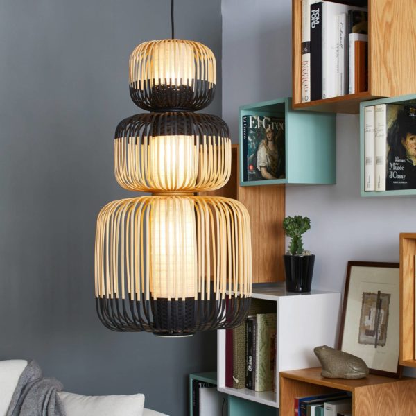 Forestier Bamboo suspension noire à 3 lampes Forestier