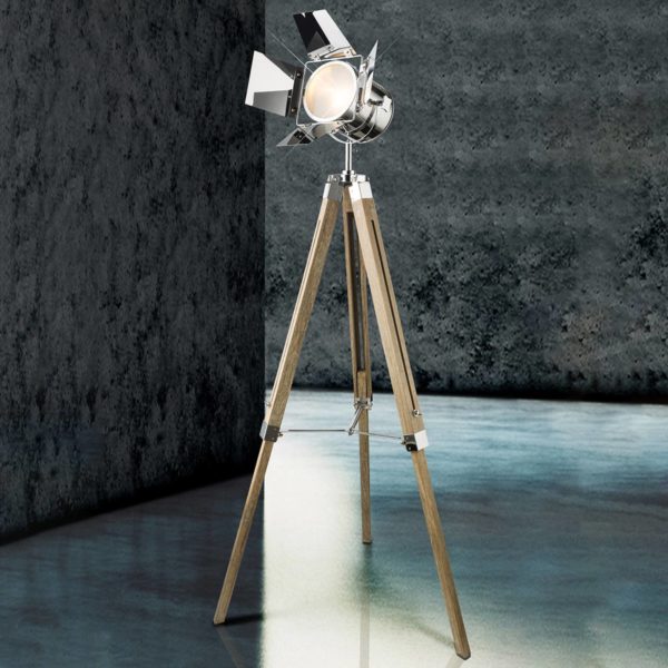 Globo Lampadaire Evy en bois avec projecteur chromé Globo