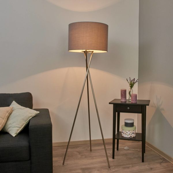 Lindby Lampadaire trois pieds Fiby avec abat-jour gris LINDBY