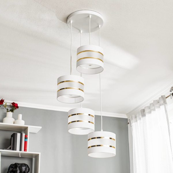 HELam Suspension Helen, blanc-doré, ronde, 4 lampes HELam