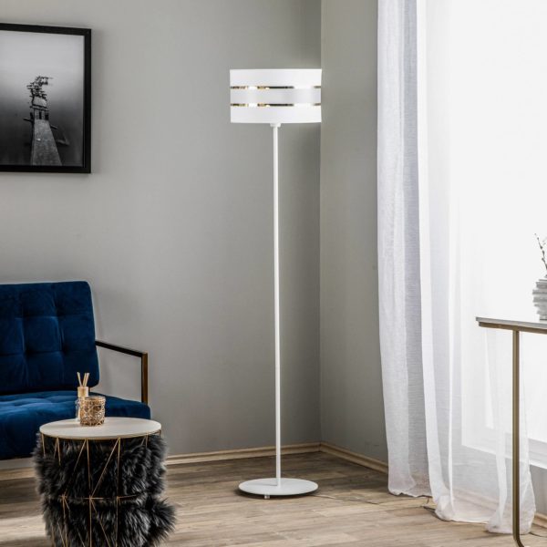 HELam Lampadaire Helen abat-jour tissu blanc doré HELam