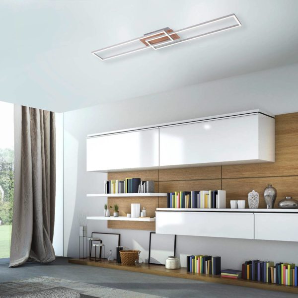 JUST LIGHT. Plafonnier LED Iven, dim, acier/bois, 110×25 cm JUST LIGHT.