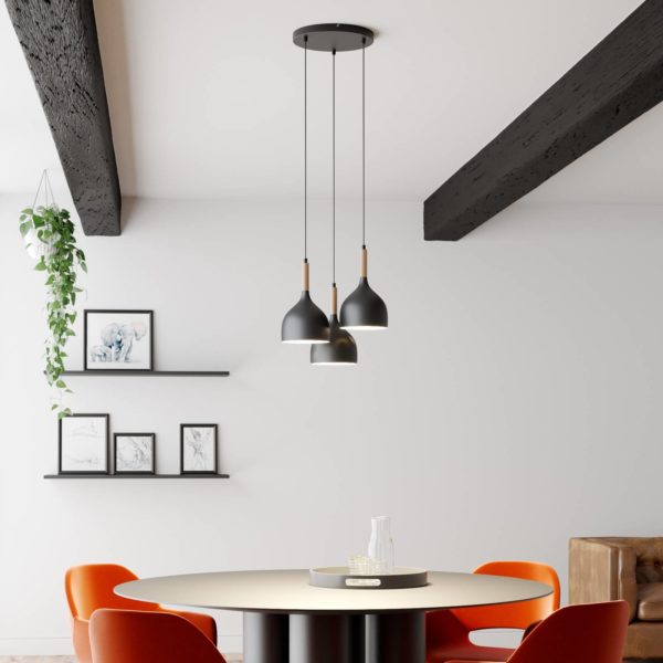 Luminex Suspension Noak 3 lampes ronde noire/bois naturel Luminex