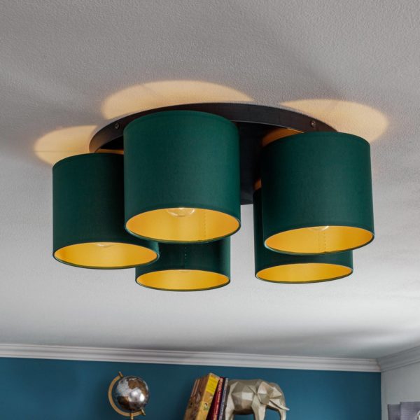 Euluna Plafonnier Soho, cylindrique 5 lampes vert/doré Euluna
