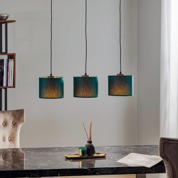 Luminex Suspension Soho cylindre, longue 3 lampes verte/or Luminex
