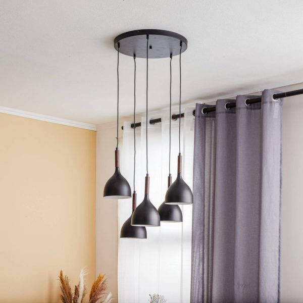 Euluna Suspension Noak 5 lampes ronde noir/bois naturel Euluna