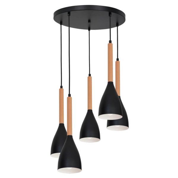 Euluna Suspension Muza ronde à 5 lampes noir/blanc/bois Euluna