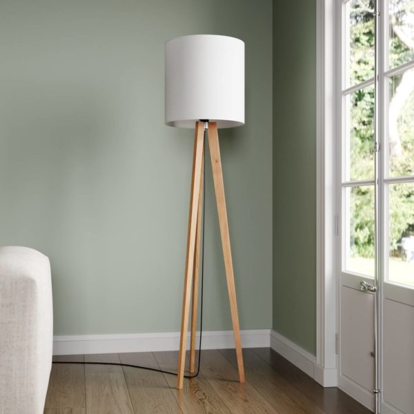 Quitani lampe sur pied Nida, structure en bois, abat-jour blanc quitani