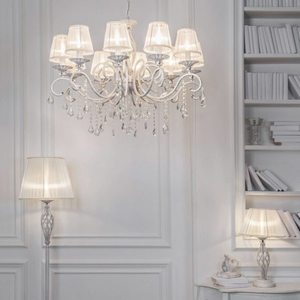 Maytoni Lustre Grace blanc avec abat-jour, à dix lampes Maytoni