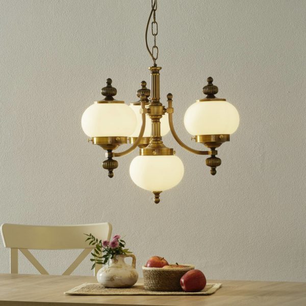 Orion Suspension Delia en laiton ancien à 4 lampes Orion