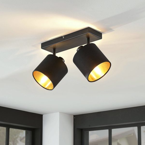Lindby Plafonnier Vasilia en tissu en noir-or, 2 lampes LINDBY