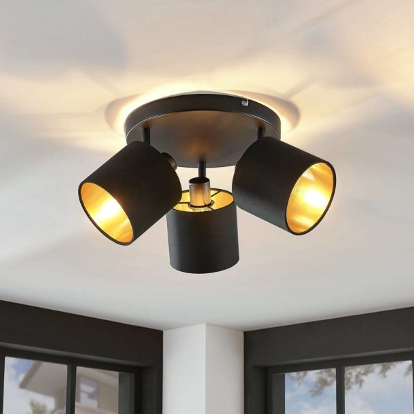 Lindby Plafonnier Vasilia en tissu en noir-or, 3 lampes LINDBY