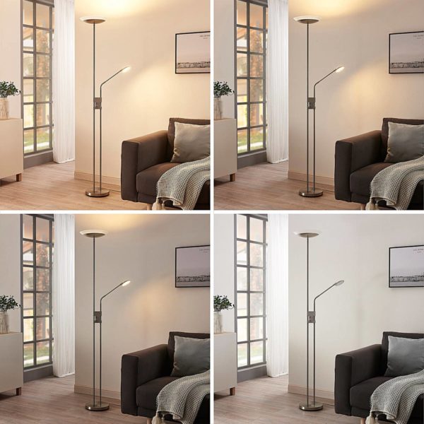 Lindby Lampadaire LED Jonne, bras liseuse, dim, rond LINDBY