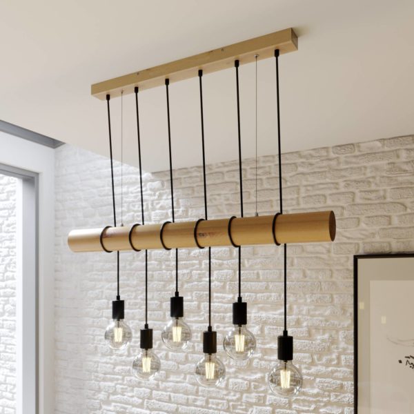 Lindby Suspension Eviton en bois, à 6 lampes naturel LINDBY