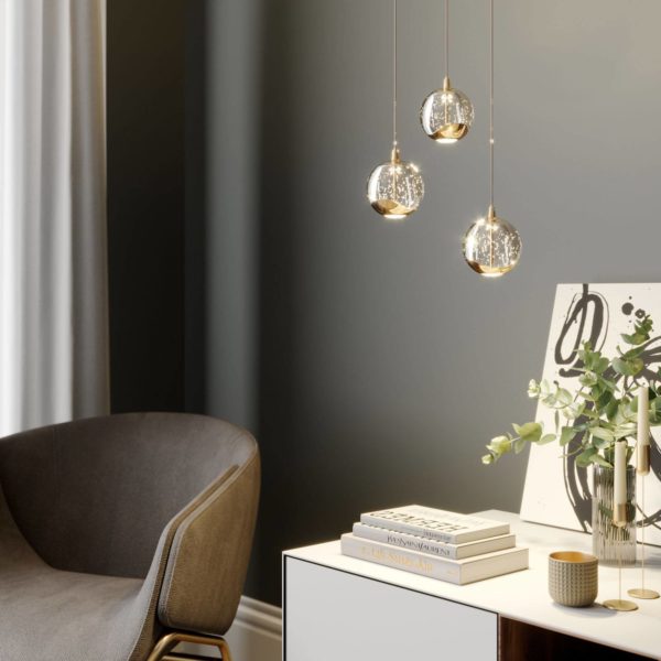 Lucande Suspension LED Hayley sphères verre 3 l. doré LUCANDE
