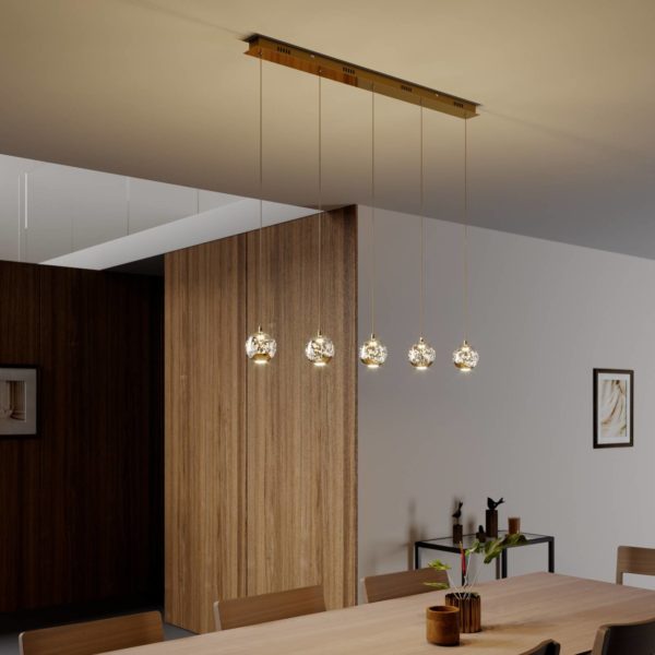 Lucande Suspension LED Hayley à 5 lampes, allongé, doré LUCANDE