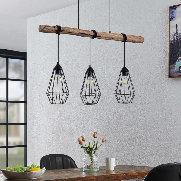 Lindby Eldarion suspension poutres bois, 3 lampes LINDBY