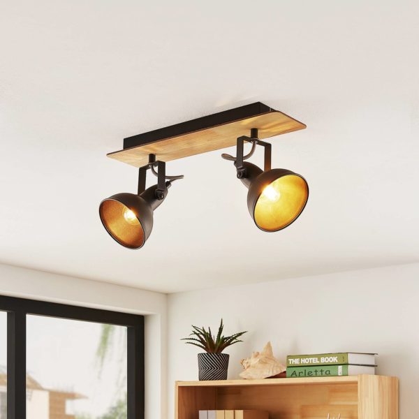 Lindby Aylis plafonnier, noir, bois, 2 lampes LINDBY