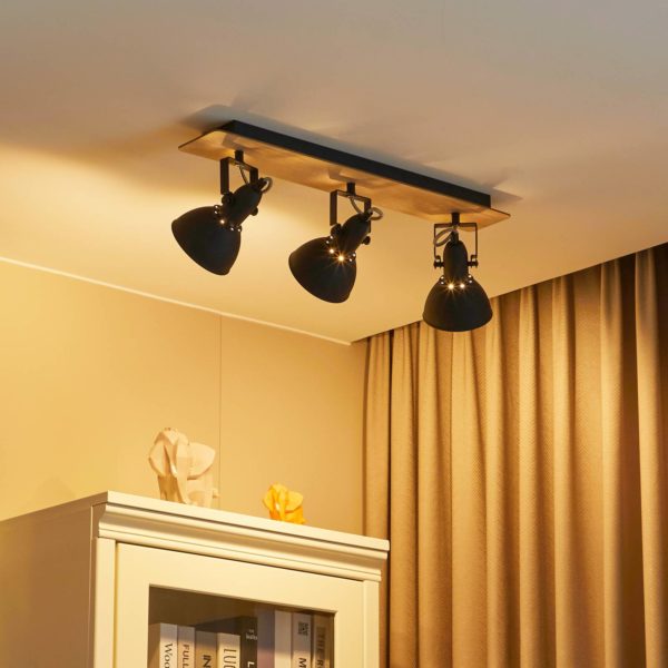 Lindby Aylis plafonnier, noir, bois, 3 lampes LINDBY