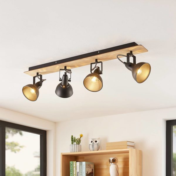 Lindby Aylis plafonnier, noir, bois, 4 lampes LINDBY