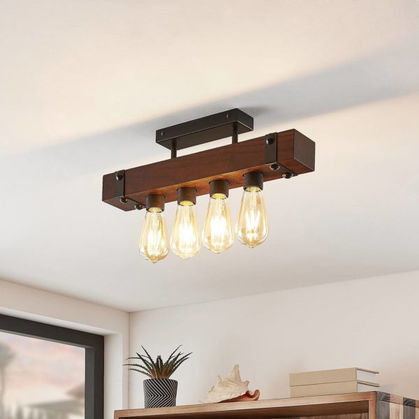 Lindby Michaela plafonnier, poutre bois, 4 lampes LINDBY