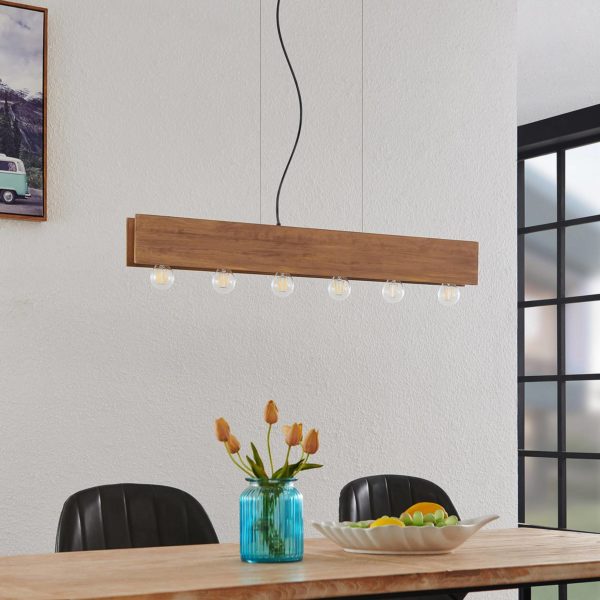 Lindby Malwin suspension en bois, longue, 6 lampes, E27 LINDBY
