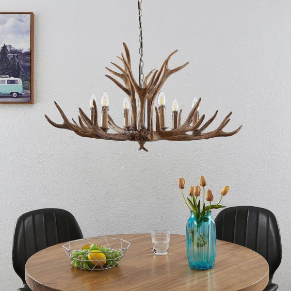 Lindby Tejask suspension bois cerf 6 lampes 102 cm LINDBY