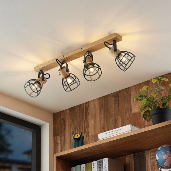 Lindby Flintos spot cage, à 4 lampes, bois clair LINDBY