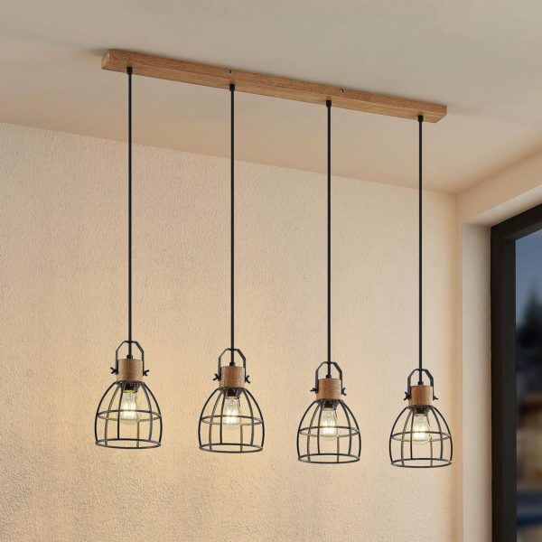 Lindby Flintos suspension, à 4 lampes, bois clair LINDBY