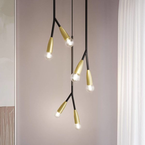 Lucande Carlea suspension, 6 lampes, noir-laiton LUCANDE