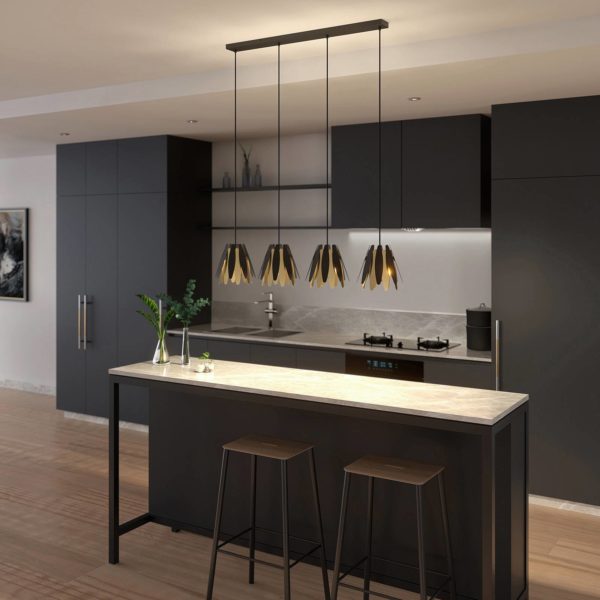 Lucande Lounit suspension, noire-dorée, 4 lampes LUCANDE