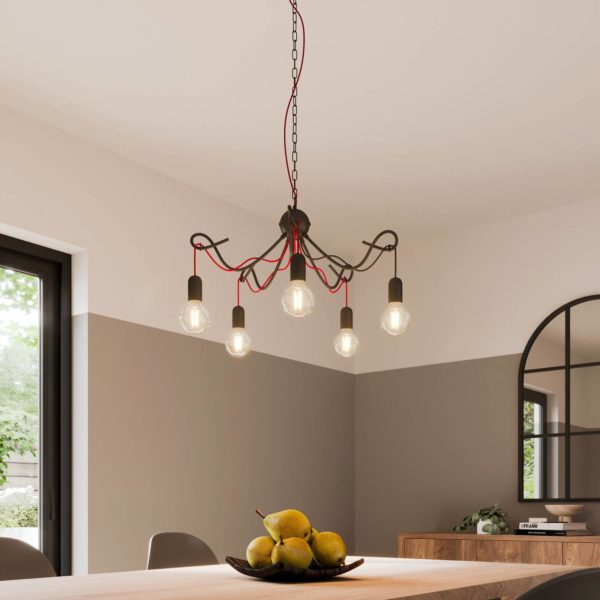 Lucande Jorna suspension, à 5 lampes, câble rouge LUCANDE
