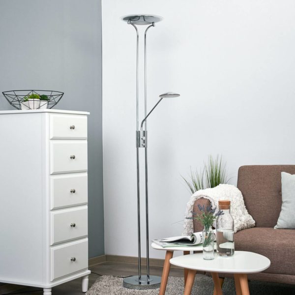 Lindby Lampadaire LED Aras avec liseuse, chromé LINDBY