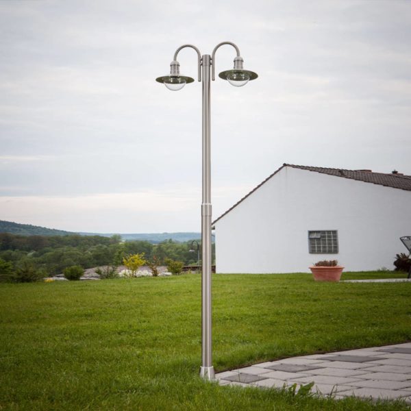 Lindby Lampadaire Damion en inox à 2 têtes de lampe LINDBY