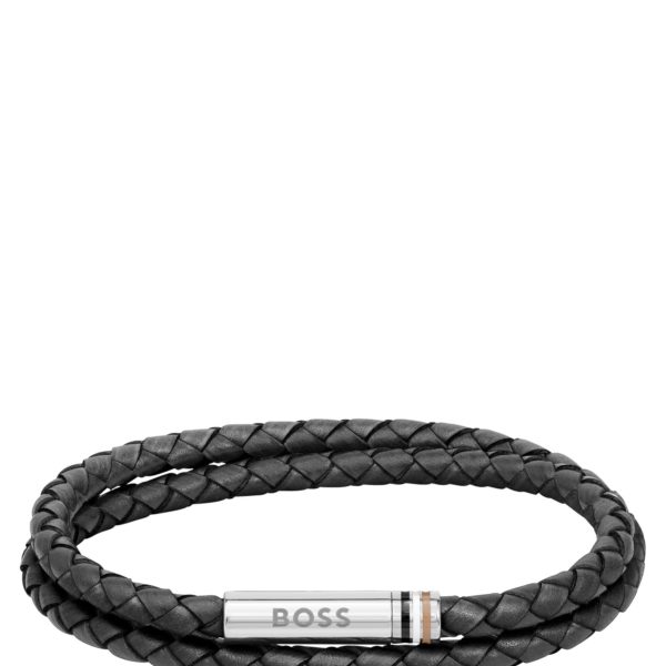 Bracelet double tour en cuir tressé noir – Hugo Boss