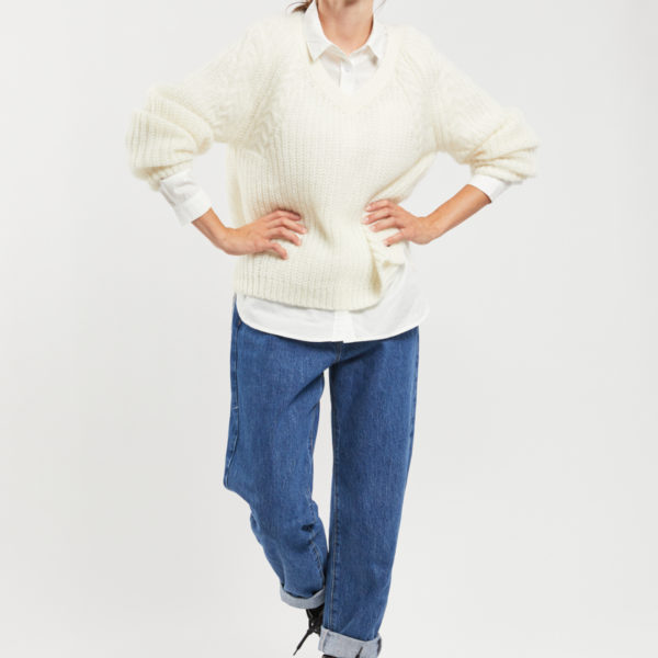TERRE & MER Pull col V Augustin – mohair et laine mérinos Femme Nature XXL