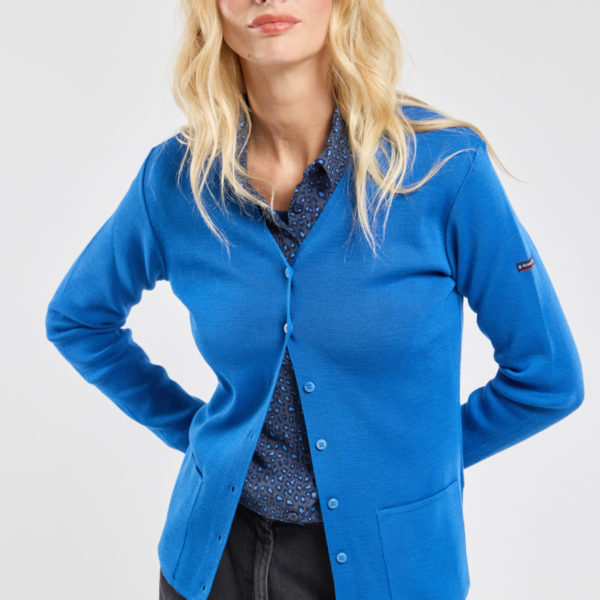 ARMOR-LUX Cardigan col V – laine et acrylique Femme Cobalto 5XL – 52