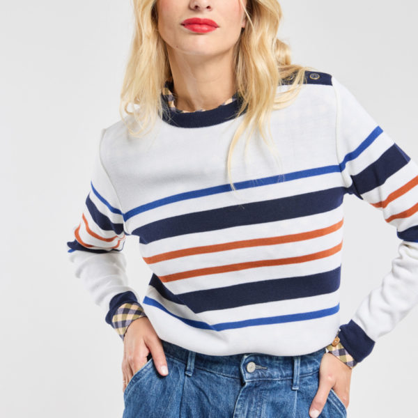 ARMOR-LUX Pull marin rayé – laine Femme Nature/Sodalite/Seal/Potte 4XL – 50