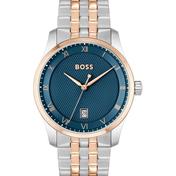 Montre avec cadran bleu à motif et bracelet bicolore à maillons – Hugo Boss