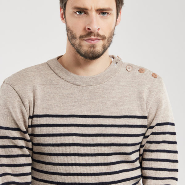 ARMOR-LUX Pull marin rayé "Molène" - laine Homme Sandstone chiné/Navire 3XL