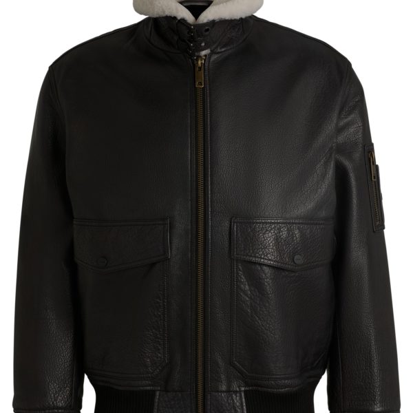 Hugo Boss Blouson aviateur en cuir à col en fourrure synthétique